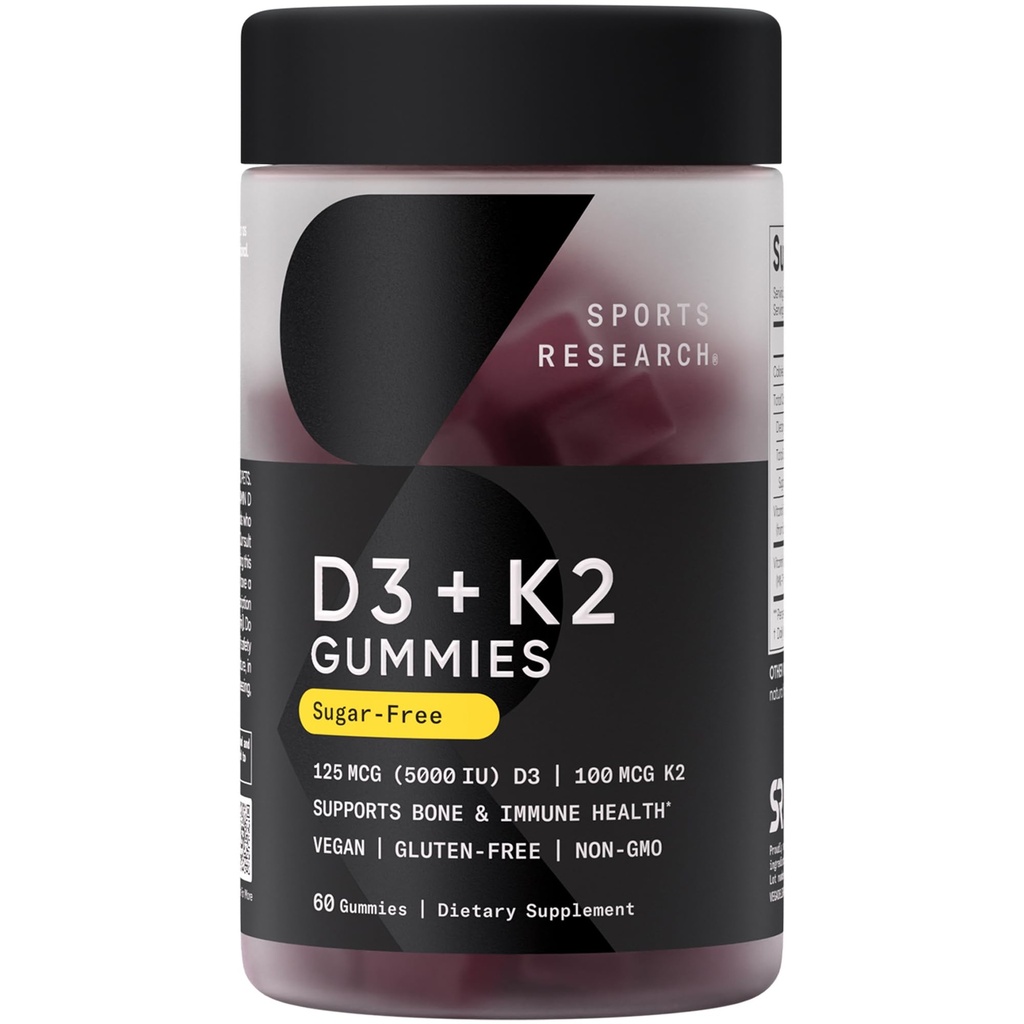 Sports Research® Vegan Vitamina D3 + K2 Gume fără zahăr - 125mcg (5000iu) Vitamina D w/ 100mcg Mk7 Vitamina K - Sprijină Bone & Immune Health* - Vegan Certified · Non-GMO · Soy Free - 60 Conte