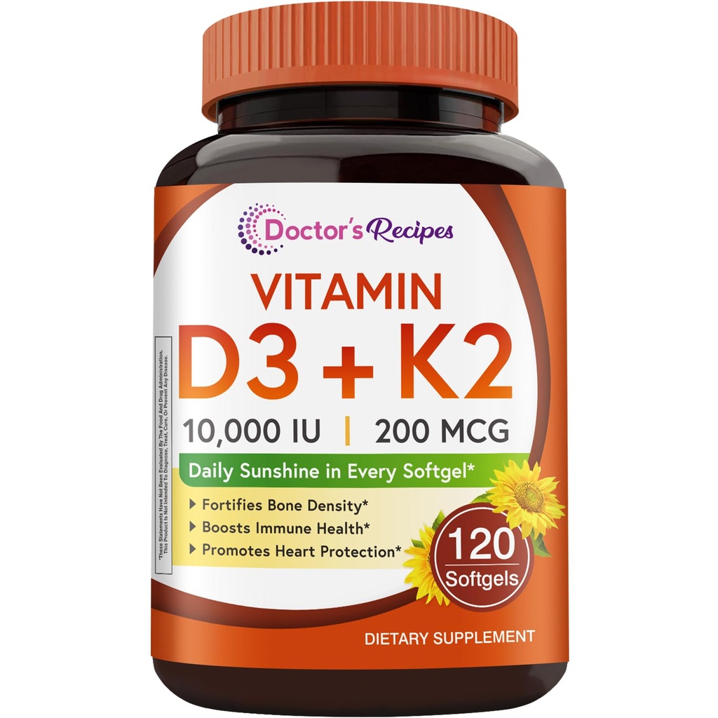 Reţete medicale Vitamina D3 K2, 10000 UI, 200 μg, MK-7, Densitate osoasă puternică, Dinţi, Imun, Suport cardiac, Energie, Absorbţie de calciu, Nu Soy & Gluten, Non-GMO, 120 Softgels