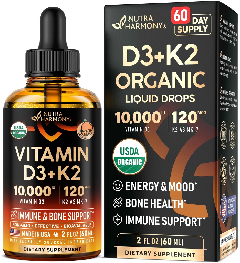 Vitamina D3 K2 USDA Picături organice - Vitamina D3 10000 UI & K2 ca MK-7 120mcg - Immune & Mood Support, Bone & Teeth Health - Sugar-Free Orange Flavor - Lichid Supliment - Made in USA - 2 FL OZ, 60 Days