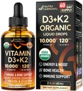 Vitamina D3 K2 USDA Picături organice - Vitamina D3 10000 UI & K2 ca MK-7 120mcg - Immune & Mood Support, Bone & Teeth Health - Sugar-Free Orange Flavor - Lichid Supliment - Made in USA - 2 FL OZ, 60 Days