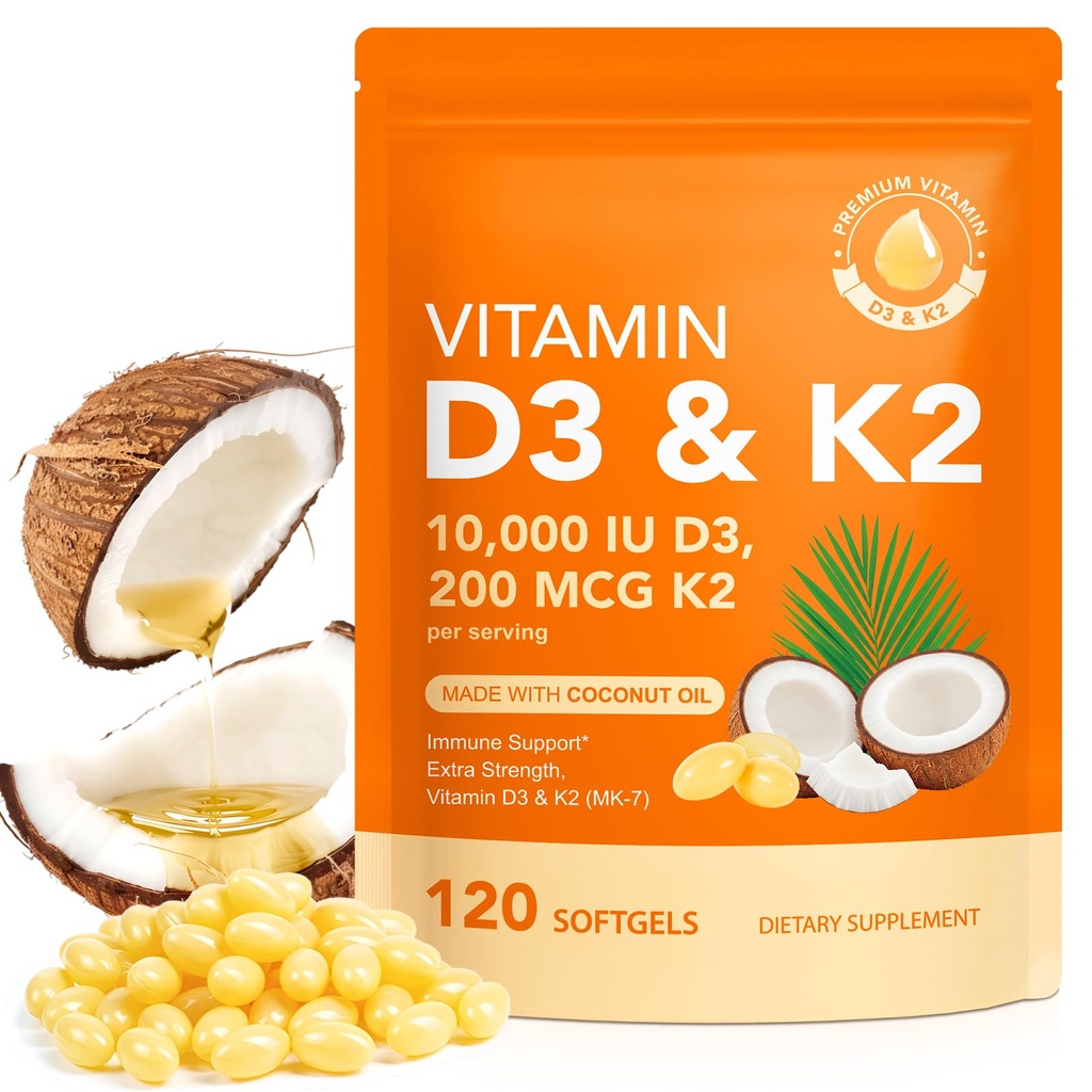 Vitamina D3 K2 cu ulei de cocos - vitamina Vegan D3 & Mk7 Vitamina K2for Bone & Imunum Support - non-GMO, Soy Free - 120 Softgels