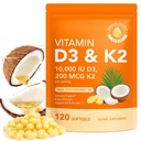 Vitamina D3 K2 cu ulei de cocos - vitamina Vegan D3 & Mk7 Vitamina K2for Bone & Imunum Support - non-GMO, Soy Free - 120 Softgels