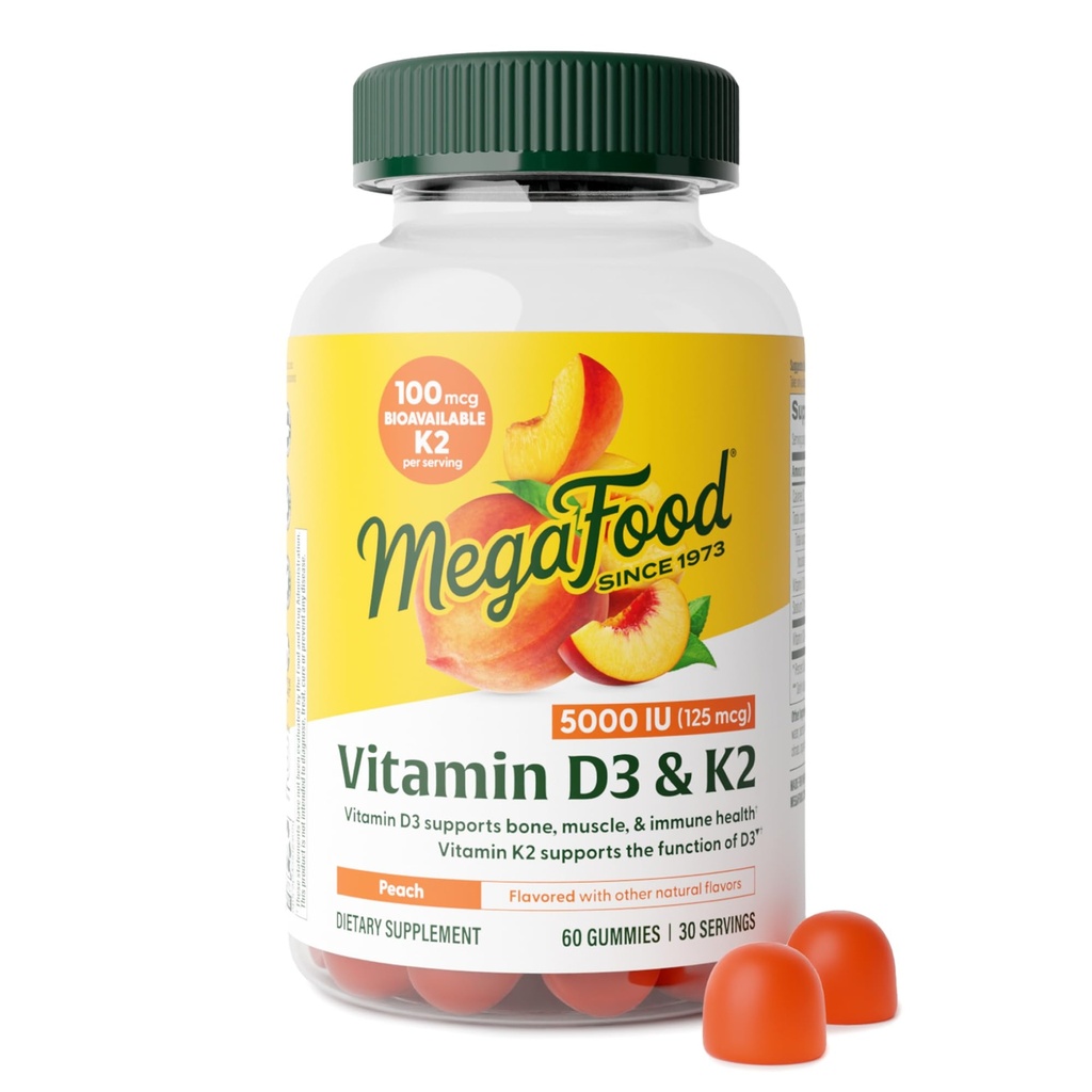 Megafood Vitamina D3 K2 Gummies - Vitamina D 5000 UI pentru sanatate ososa si imuna Plus Suport pentru absorbtia optima de calciu - Aroma de piersici, pe bază de pectină - 60 Suplimente vegetariene D3 si K2, 30 Serviri