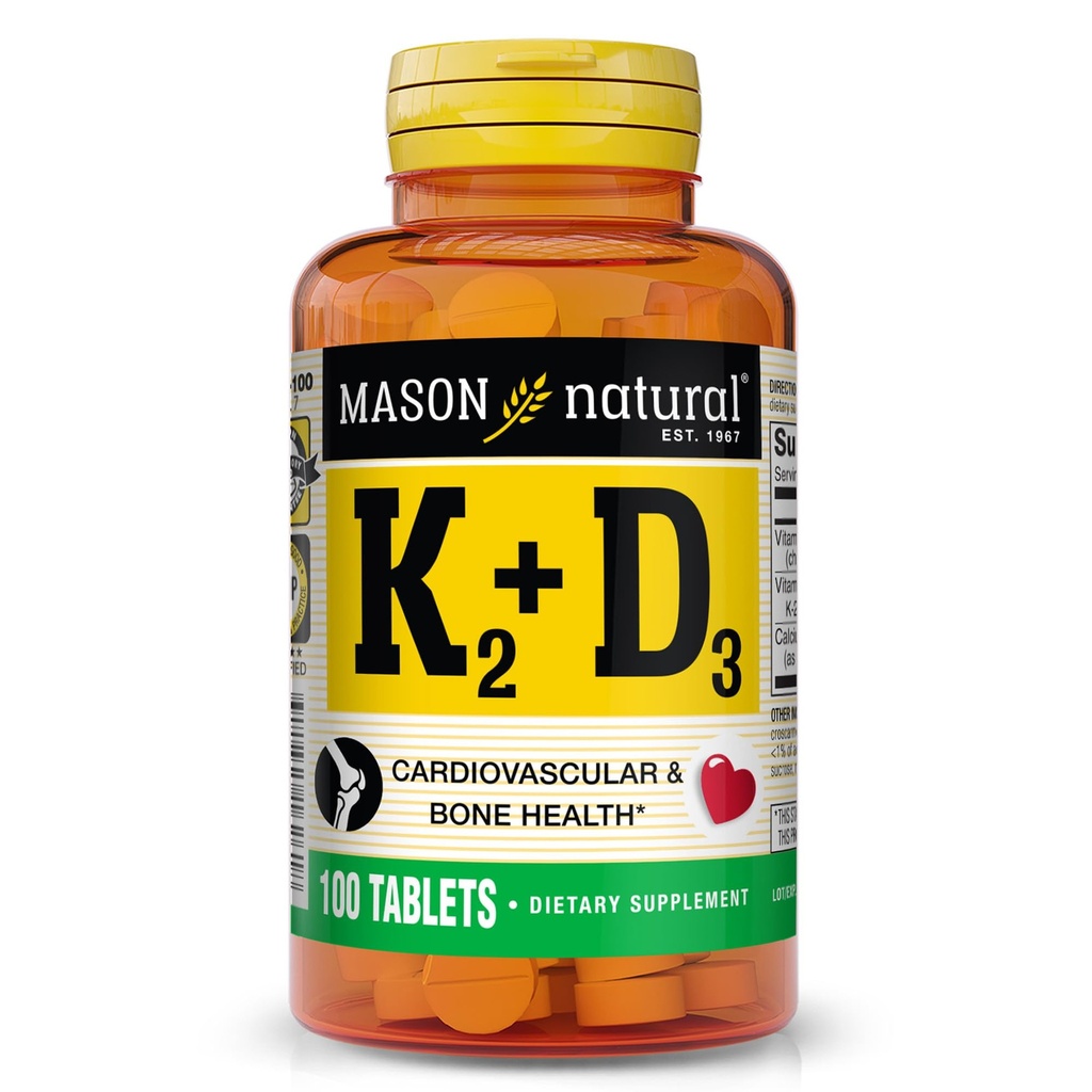 MASON NATURAL Vitamina K2 + D3, 100,Day Supply, cu calciu pentru suport normal osos și muscular, tablete