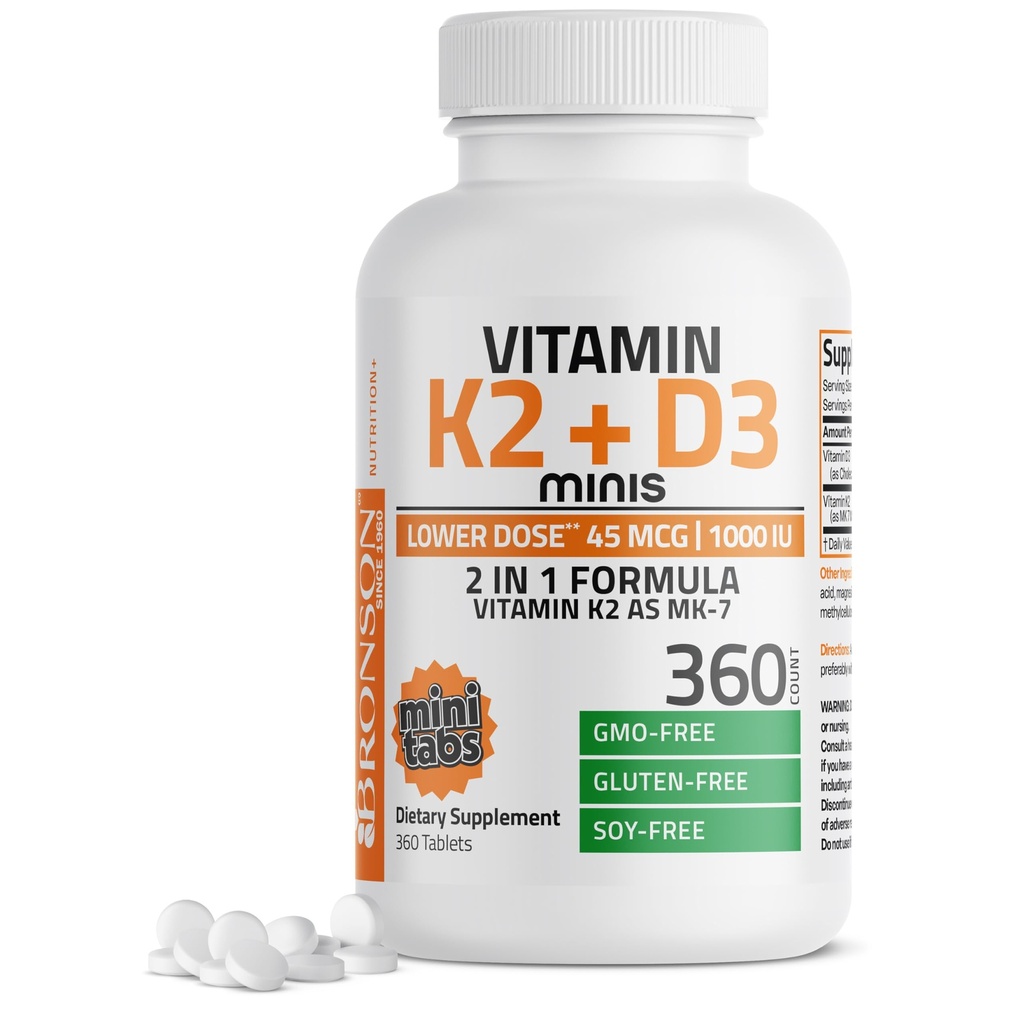 Vitamina Bronson K2 (MK7) cu D3 Doza mai mică 45mcg Vitamina K2 & 1000 UI Vitamina D3 Ușor de înghițit Întreținere zilnică 2 în 1 Formula non-GMO, 360 Mini comprimate