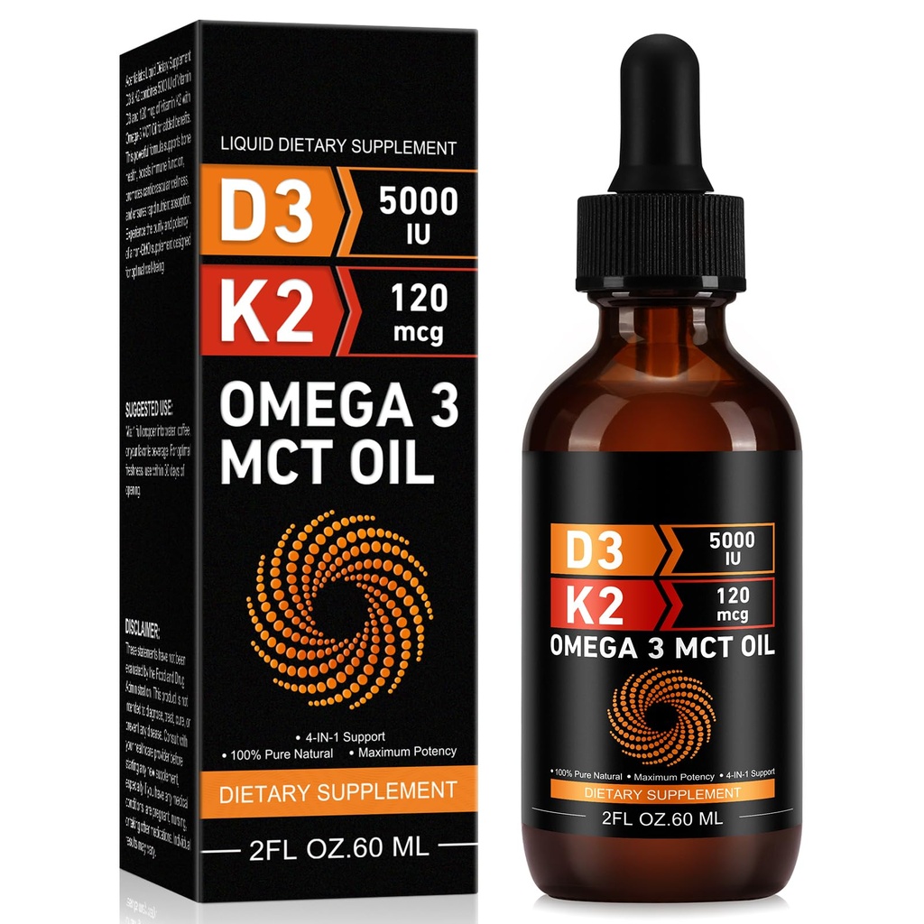 Daiasns Vitamina D3 5000 UI & K2 (MK-7) 120 mcg 60ml picături cu ulei MCT Omega 3, Vitamină lichidă D3 & K2 Suplimente - 2 luni de aprovizionare -Suports Bones, Dinți, Mood & Imunity System, Absorbție de calciu