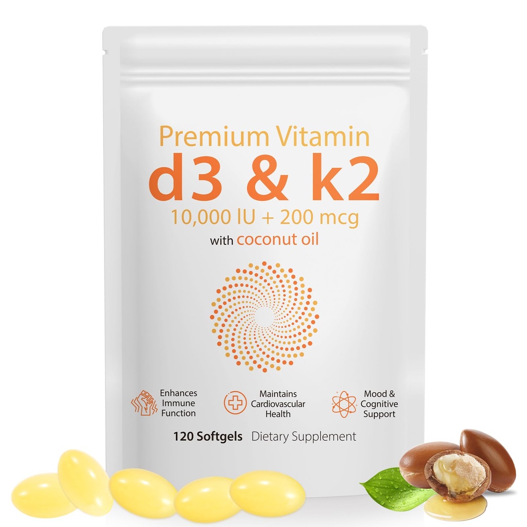 Daiasns Vitamina D3 K2 10000iu Sustine sanatatea musculara si cerebrala -High-Potency D3 K2 Suplimentul ajuta in suport imun si cardiovascular - 120 Softgels