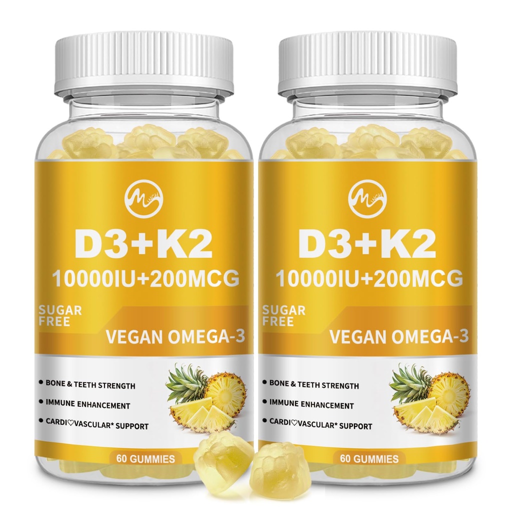 M inch Vitamina D3 K2 Gummies, Vitamina D3 10000UI, K2 (MK-7) 200mcg, 6-in-1 Vitamina D3 con K2 Suplimentul cu Omega-3 pentru femei și bărbați - Oase, Teeth & Immune Support, Zahăr liber, 2 Pack