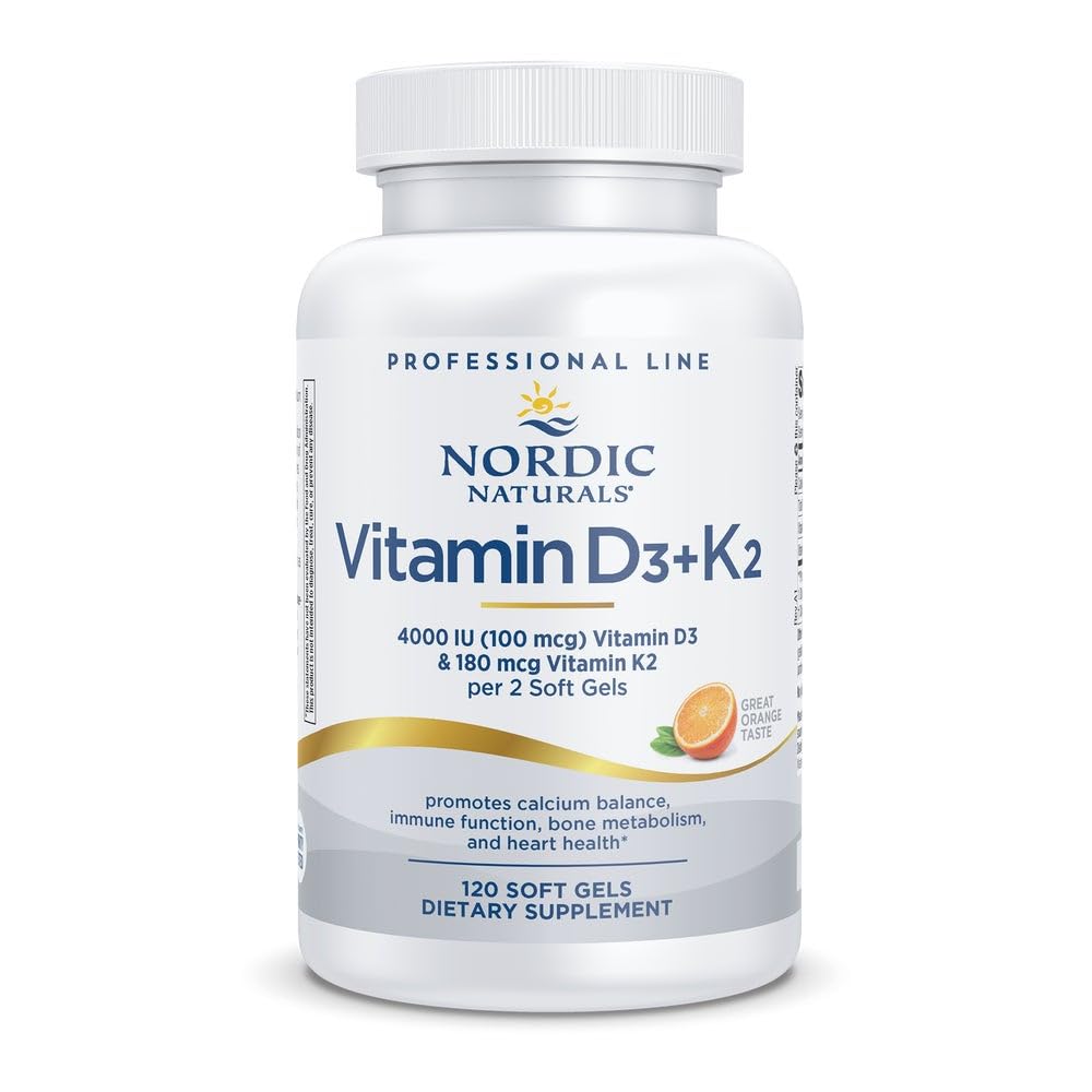 Nordic Naturals Professional Grad Vitamina D3+K2 Supliment, Orange Flavor - 60 Soft Gels - 4000 UI Vitamina D3 & 180 mcg K2 Promoveaza Balance de calciu si functie imuna - Non-GMO - 30 Servings