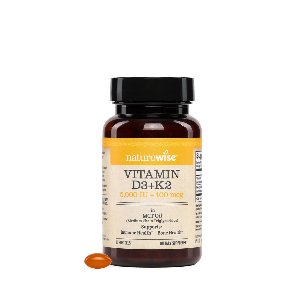 NatureWise Vegan Vitamina D3 + K2 cu ulei organic de nucă de cocos MCT - Natural D3 5000UI + Natural K2 100mcg - Suport osos de înaltă absorbție - Soy & Gluten Free - Statele Unite ale Americii fabricate - 30 Softgels[30-Day Supply]