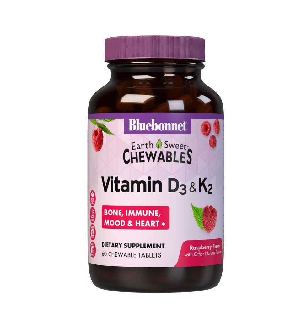 Bluebonnet Nutritie Vitamina D3 & K2 EarthSweet Tablete masticabile, pentru Imun, Mood & Heart Health*, Soy-Free, Gluten-Free, non-GMO, Kosher Dairy, 60 Raspberry Arbore tablete masticabile, 60 Serviri