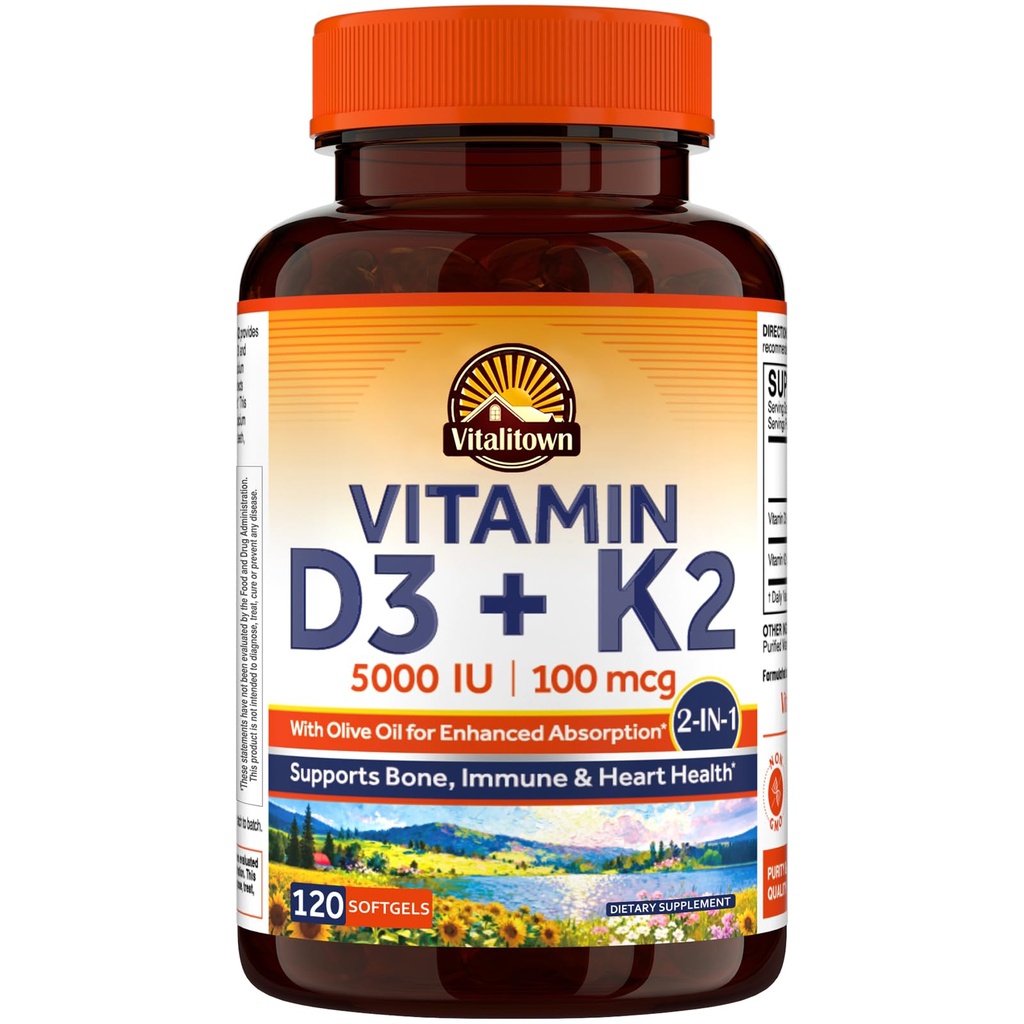 Vitalitown Vitamina D3 K2 Supliment, D3 5000 UI, Vitamina K2 MK-7 100 mcg, Non-GMO, No Gluten & Soy, for Bone, Teeth, Immune & Heart Health, 120 Softgels