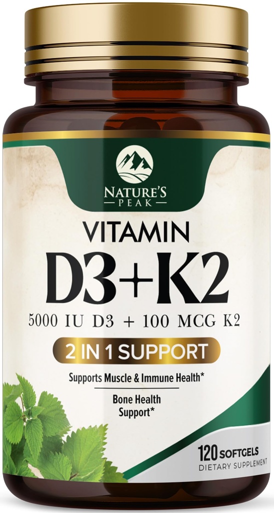 D3 K2 Vitamina - Vitamina D3 5000 UI Per Softgel - Supliment de vitamina D3 de înaltă potenţă - 2-in-1 Complex Vitamina D & Vitamina K2 (MK7) - Ușor de înghițit, Suport osos și imun - Sticlat SUA - 120 Softgels