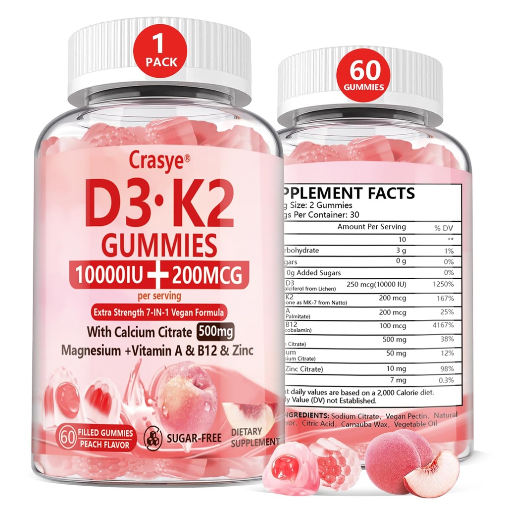 Vitamina D3 K2 Gumries 10000 UI cu 500 mg de magneziu de calciu Gumă de mestecat Zahăr gratuit ADK+Vitamina B12 Suplimente pentru femei și bărbați Oase, mușchi, aroma de piersici dinți - 60 Gume - 30 Serviri