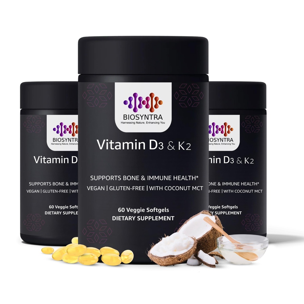Vitamina D3+K2 cu ulei de cocos - Vitamina Vegan D 5000 UI & MK7 Vitamina K 110mcg pentru oase, inimă și suport imunitar, non-GMO, terță parte testat, Soy gratuit, mare absorbție 60 Veggie Softgels