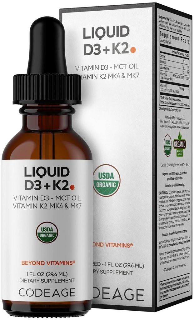 Codaj lichid D3+K2 Vitamine USDA Organice - Vitamina D3 2000 UI, Vitamina K2 (MK4 & MK7) Picături lichide - Suport imun - Nearomat - MCT organic Ulei - Non-GMO - 1 fl oz