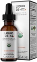 Codaj lichid D3+K2 Vitamine USDA Organice - Vitamina D3 2000 UI, Vitamina K2 (MK4 & MK7) Picături lichide - Suport imun - Nearomat - MCT organic Ulei - Non-GMO - 1 fl oz