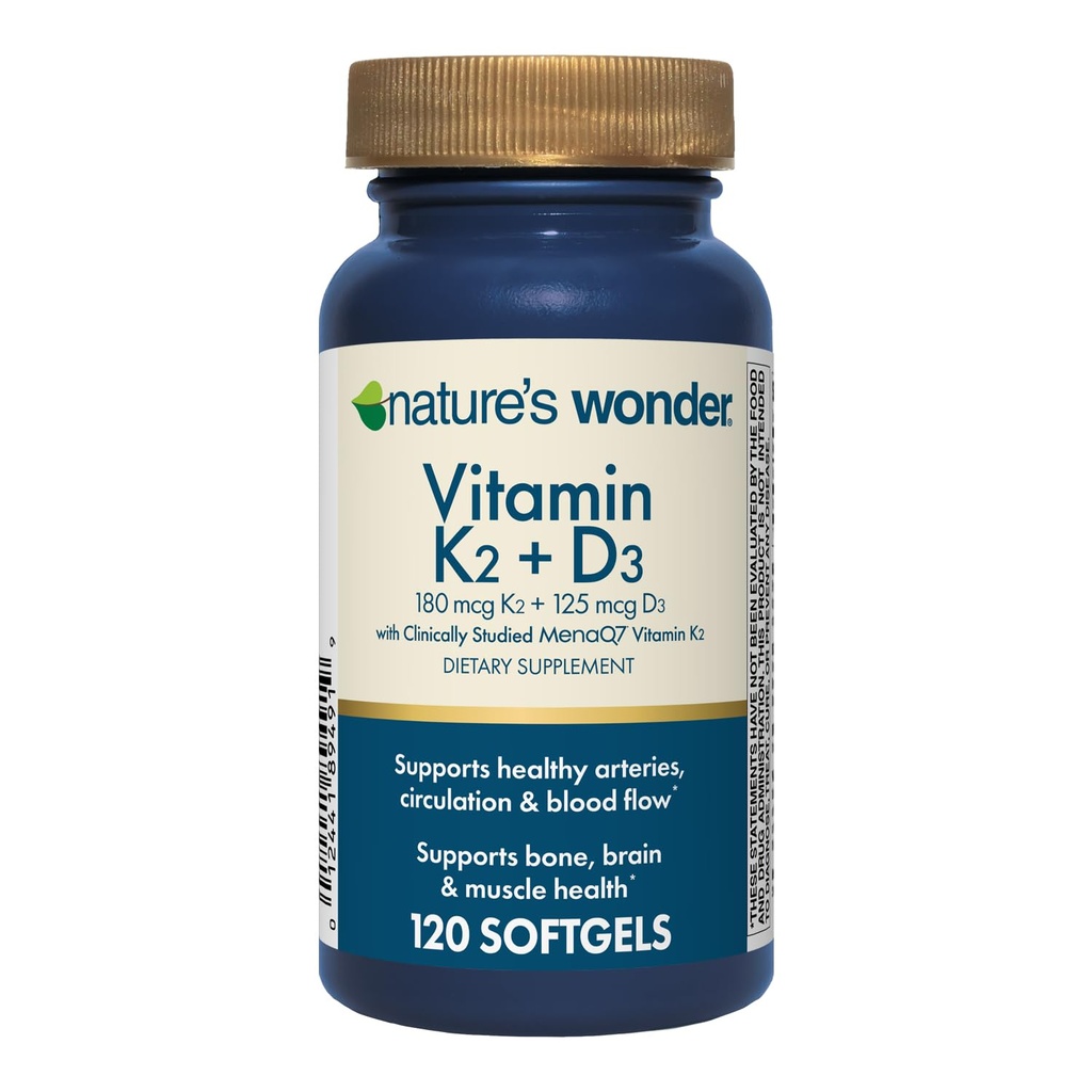 Natura Wonder Vitamina K2 + D3 cu MenaQ7 pentru boli cardiovasculare, cerebrale, osoase și musculare, 120 Softgels, 120 de zile de aprovizionare