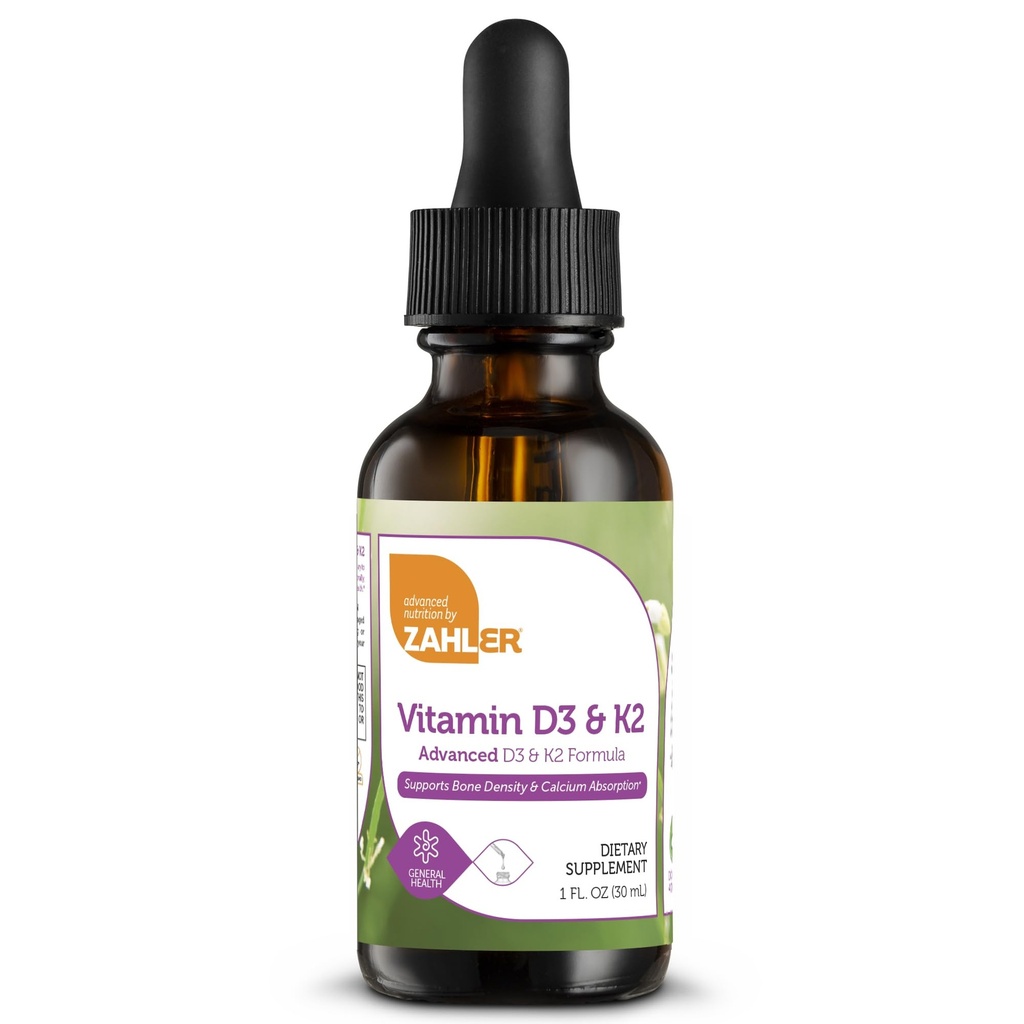 Zahler Vitamina D3 K2 picături, lichid D3 cu K2, 1000 UI de vitamina D și 1000 mcg de K2 per servire, susține densitatea osoasă și absorbția de calciu, 1Fl Oz.