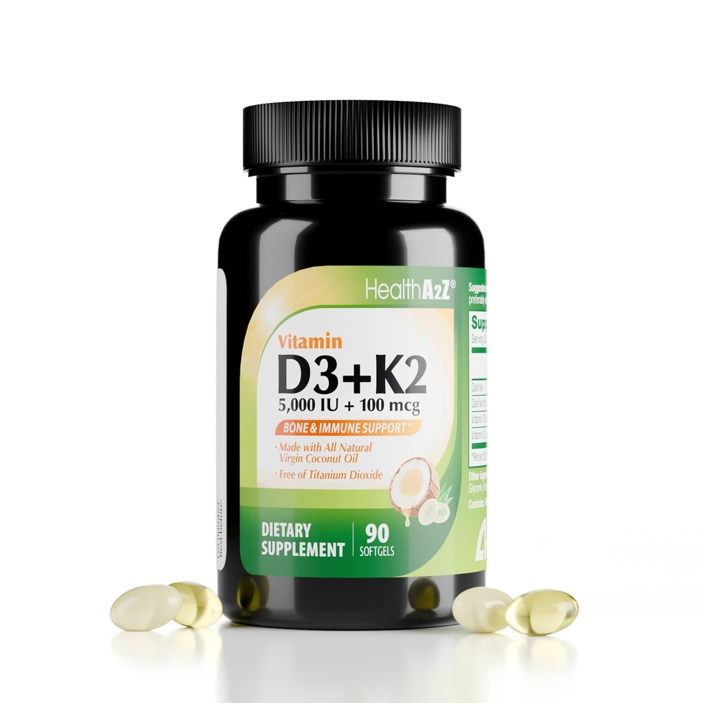 HealthA2Z® Vitamina D3 (5.000 UI) + K2 (MK-7) Made with Virgin Coconut Oil (MCTs Natural) - 90 Softgels (Pachet de 1) - Helps Calciu Absorbtion for Bones, Teeth, Mood & Immune Health