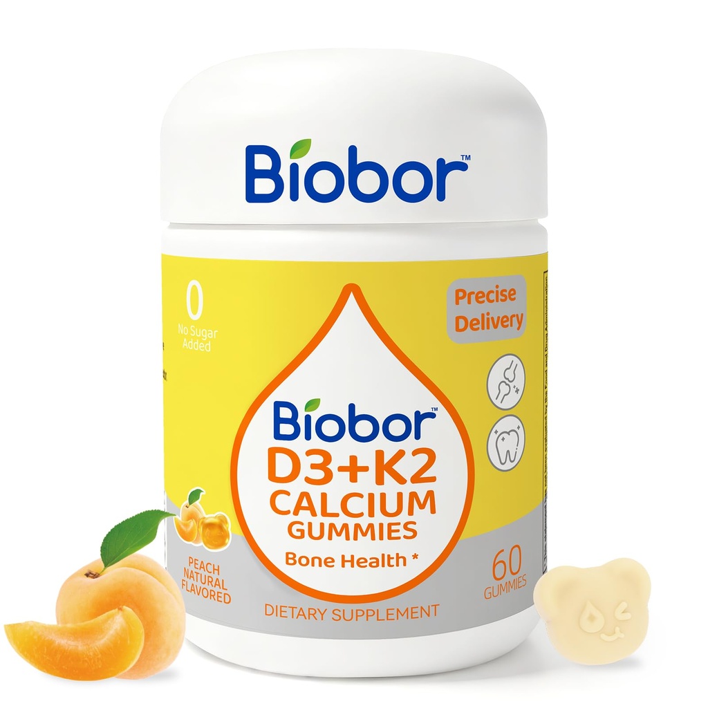 Biobor Vitamina D3 K2 Gummies cu calciu, 2000 UI D3 & 200 mcg K2(MK-7) & 200 mg Calciu, fără zahăr adăugat, susține oase sănătoase și sănătate imună, gluten gratuit, OMG-uri gratuit, galben piersic, 60 Conte