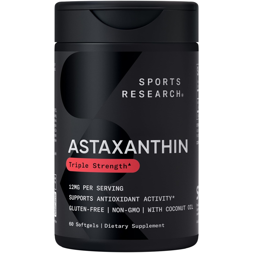 Sports Research® Triple Putere Astaxantină 12mg w/Organic Ulei de cocos - Antioxidant Supliment pentru Skin & Eye Health Support* - Soy Free · Non-GMO · Gluten Free - 60 Softgels