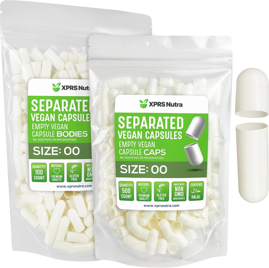 XPRS Nutra Vegan Size 00 Capsule separate - 100 capsule Premium goale separate în pungi - 00 pastile goale pentru umplere suplimentară DIY (alb)