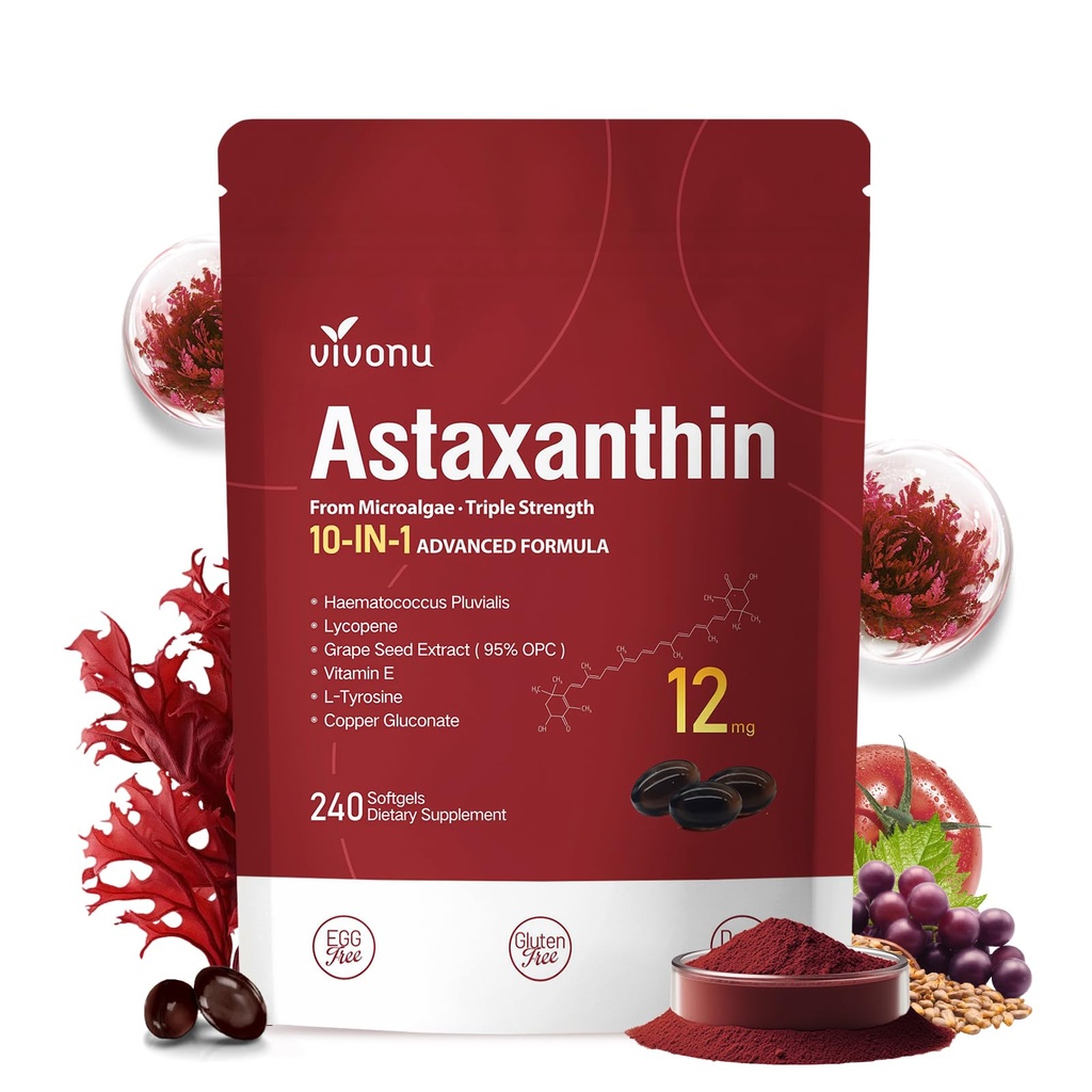 10 din 1 Astaxantina 12mg Suplimente, 4 Luna de aprovizionare, Astaxantina Antioxidant de la Haematococcus proaspat Pluvialis, Conține Licopen, Seminte de struguri, Vitamina E, & Mai multe suporturi ochi, articulatii, Skin Health
