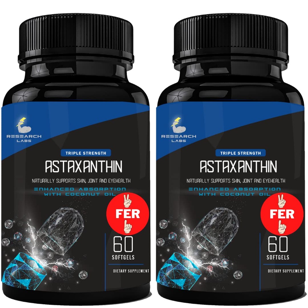 Cercetare Labs Triple Putere Naturală Astaxantină 12 mg Softgels + extra Sticla Organic Ulei de cocos pentru Absorbție îmbunătățită puternic antioxidant susține ochi comun & Heart Health 120 Total Softgels