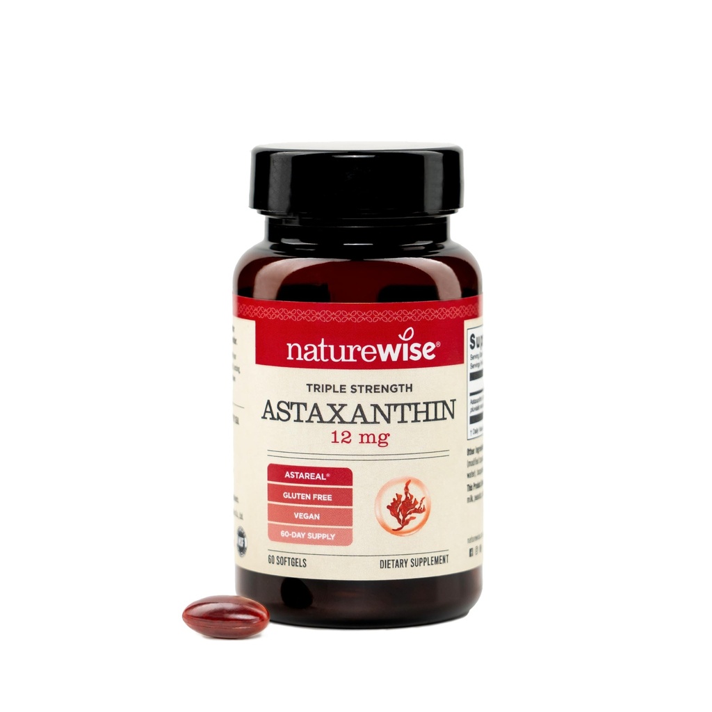NatureWise Triple Force Astaxanthin 12 mg cu AstaReal® - Vegan Antioxidant Supliment cu ulei de cocos organic - NSF Certified Gluten Free, Non-GMO - 60 Softgels[60 zi de aprovizionare]