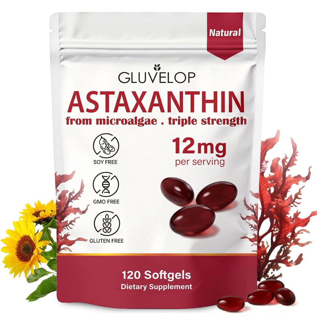 Astaxanthin 12mg, Premium Astaxanthin Antioxidant Suplimente, Suporturi Ochi, Piele, Immun, Circulatia Interna, Microalgae Proaspate, Putere Triplă, Non-GMO, Aprovizionare 4 luni, 120 Softgels