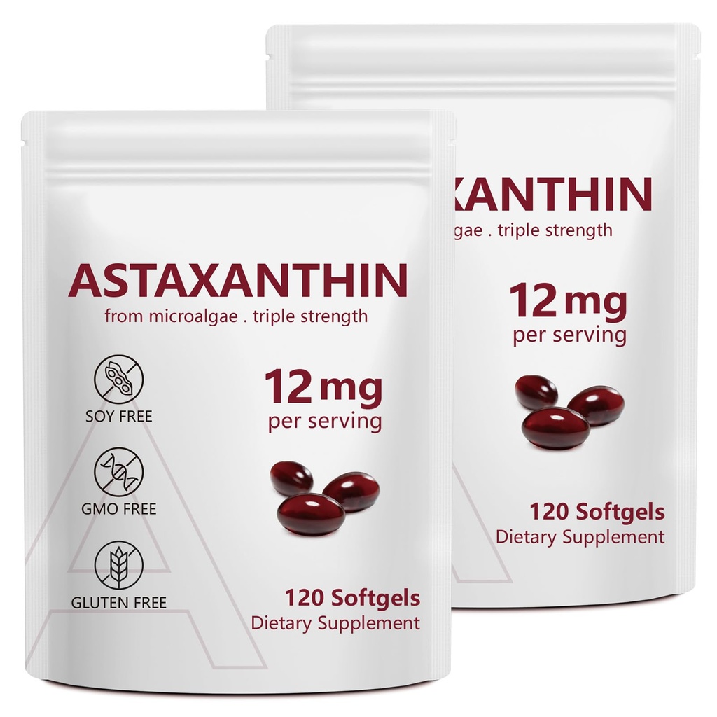 2 Pachet Astaxantina 12mg, Premium Astaxanthin Antioxidant Suplimente cu activitate antioxidantă, Suporturi Ochi, Imuna, Sanatate Pielea, Circulatia Interna
