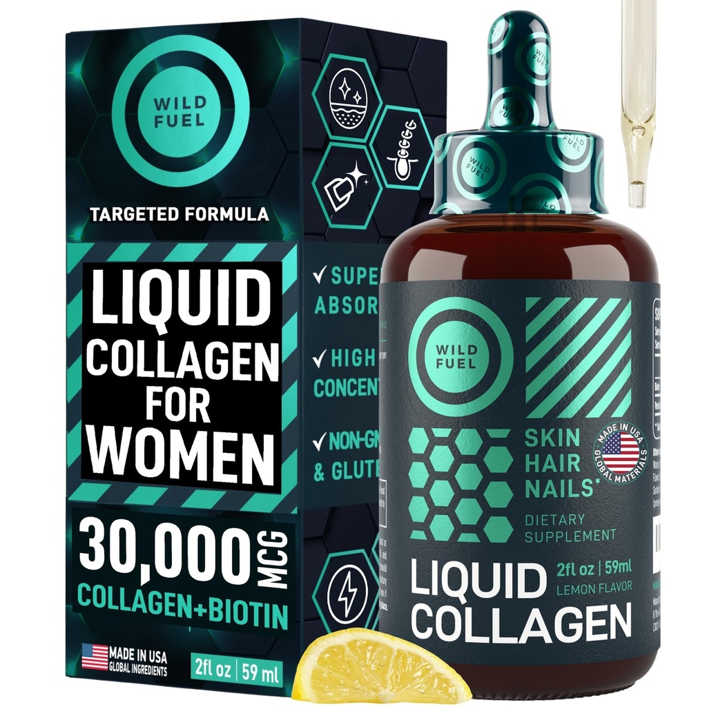 WILD combustibil lichid Colagen Peptides cu vitamine de biotina pentru piele de par si unghii - 30.000mcg lichid Colagen pentru femei si barbati Plus Biotin - Aroma de lamaie, pana la 2 luni - 2 oz