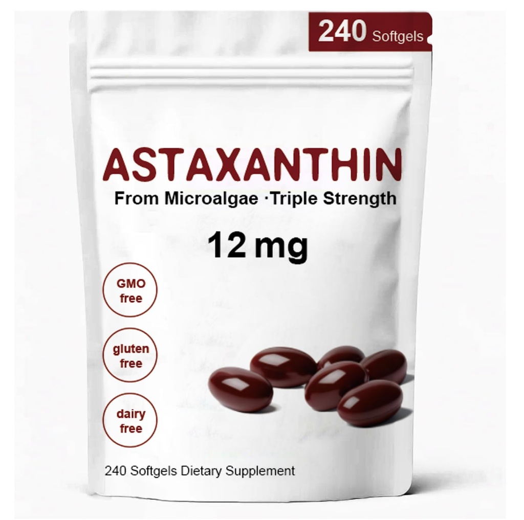 Astaxantină 12mg, Premium Astaxanthin Antioxidant Suplimente cu activitate antioxidantă, Suporturi ochi, Imun, Skin Health, Circuulație internă-240 Softgels