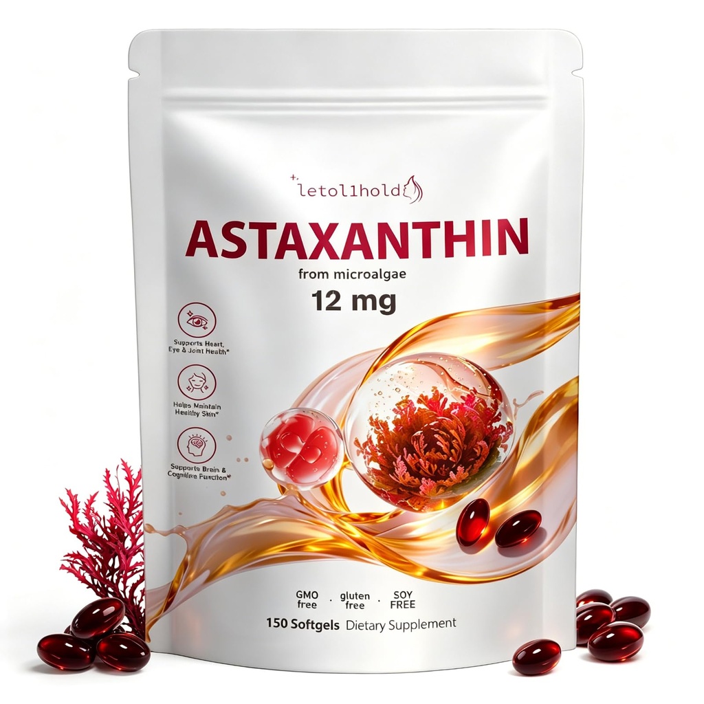 Astaxanthin 12mg, 150 Softgels - 5 Luna de aprovizionare, Astaxanthin Suplimente Sursate de Microalge proaspete, Non-GMO, Gluten gratuit, Ușor de înghițit