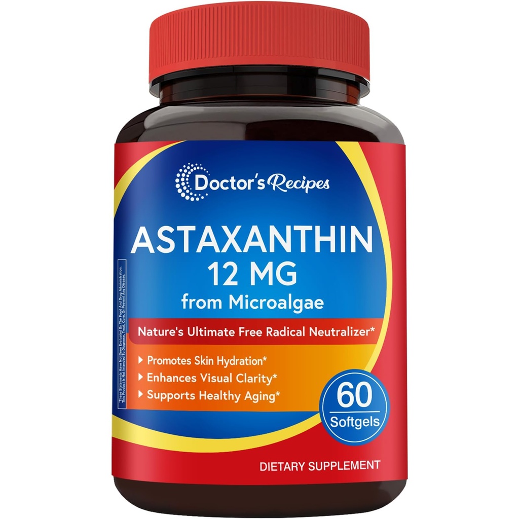 Retete de doctor Astaxanthin 12 mg, de la Microalge Premium proaspete, Putere Max, Nu Gluten, Non-GMO, Sprijină Piele, Ochi, Oase și Sistemul imunitar Sănătate, 60 Softgels