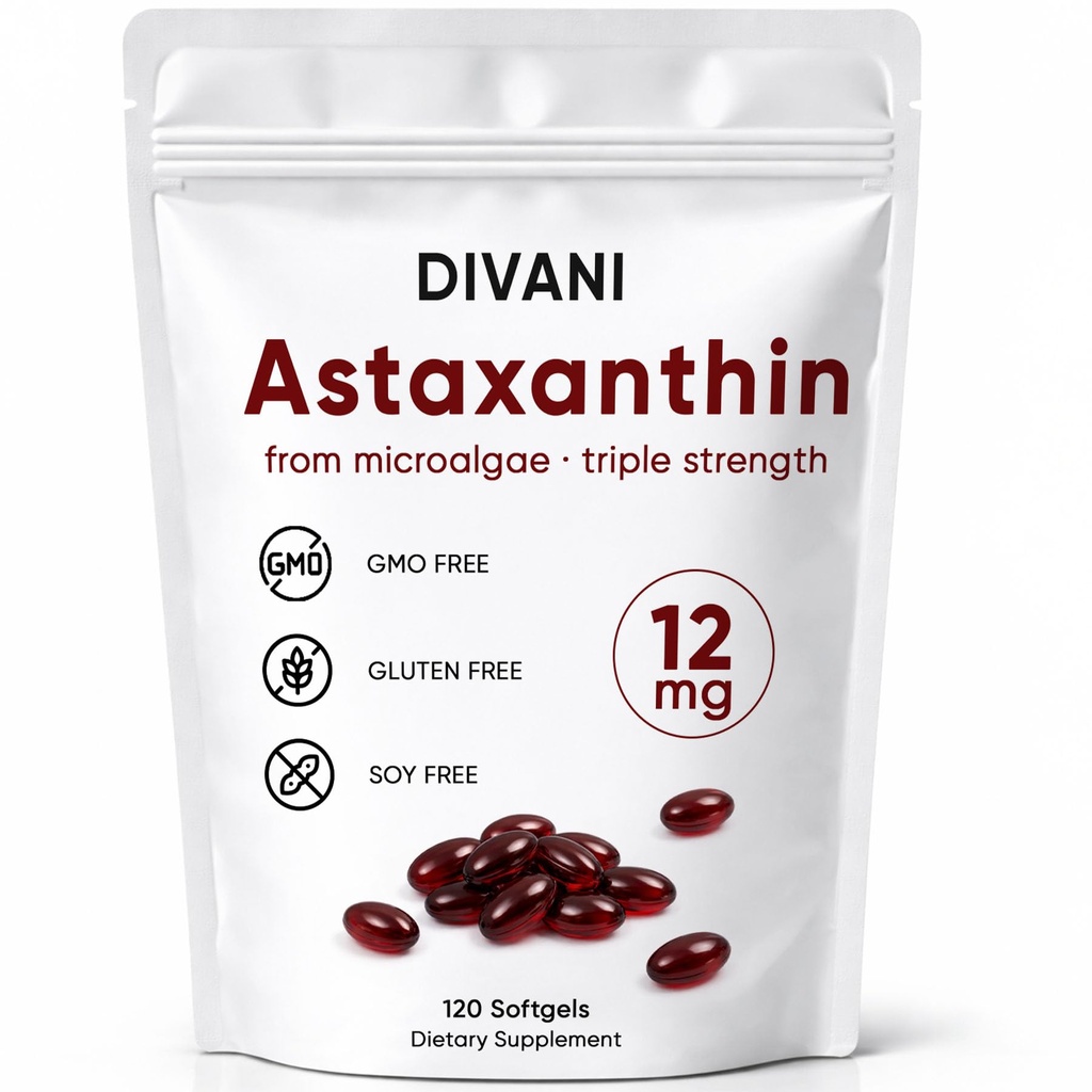 DIVANI Astaxanthin 12mg, Supliment antioxidant pentru wellness zilnic, Imun, Suport pentru ochi și piele, Non-GMO, Gluten gratuit - 120 Softgels
