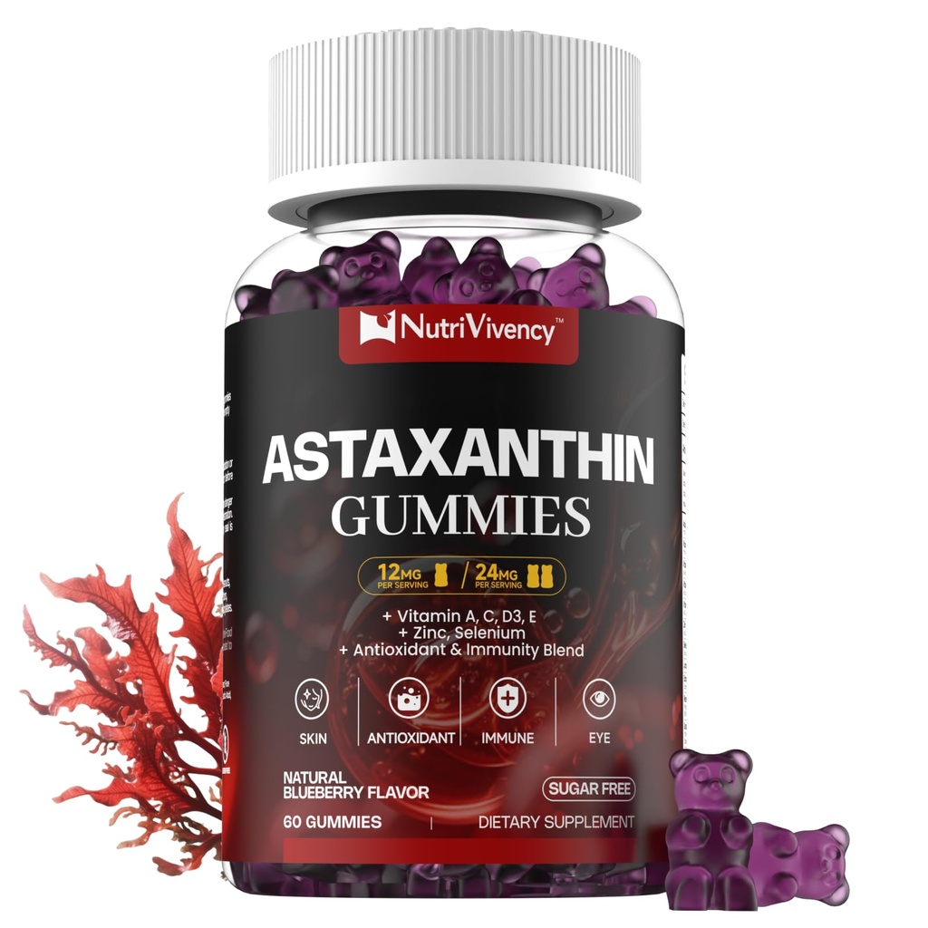 Astaxantin Gumies, 12mg Per Gummy 24mg Max, Astaxantin Suplimente cu vitamina A/C/D/E, Resveratrol, 14-IN-1 Antioxidanti Amestec pentru femei Bărbaţi, Piele, ochi, Suport Imun, Zahăr gratuit, Vegan, 60 Ct