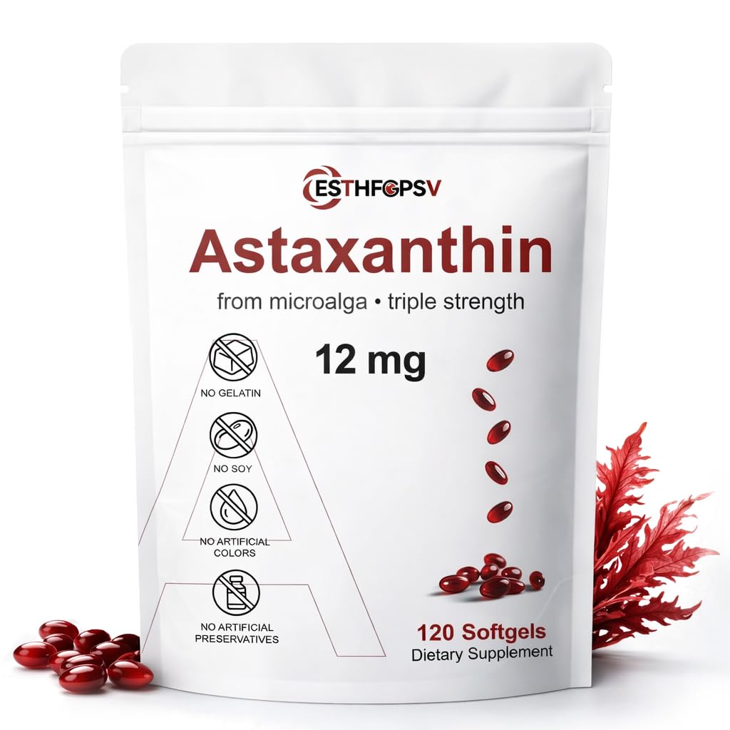 Premium Astaxanthin 12 mg Antioxidant Supliment cu vitamina E 120 Softgels, 4 luni de aprovizionare, Microalgae Sursa, Suporturi Skin, Eye & Joint Health, Non-GMO, Gluten & Soy Free