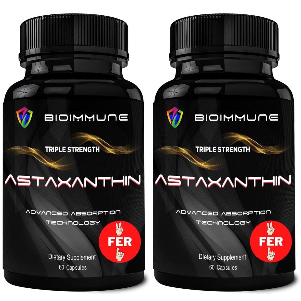 BioImmune 2 Pack Putere Triplă AstaQuilTM Astaxanthin 12mg Absorbţie îmbunătăţită, 120 Softgels w/Organic Ulei de cocos. Antioxidant puternic pentru ochi, comun & Heart Health