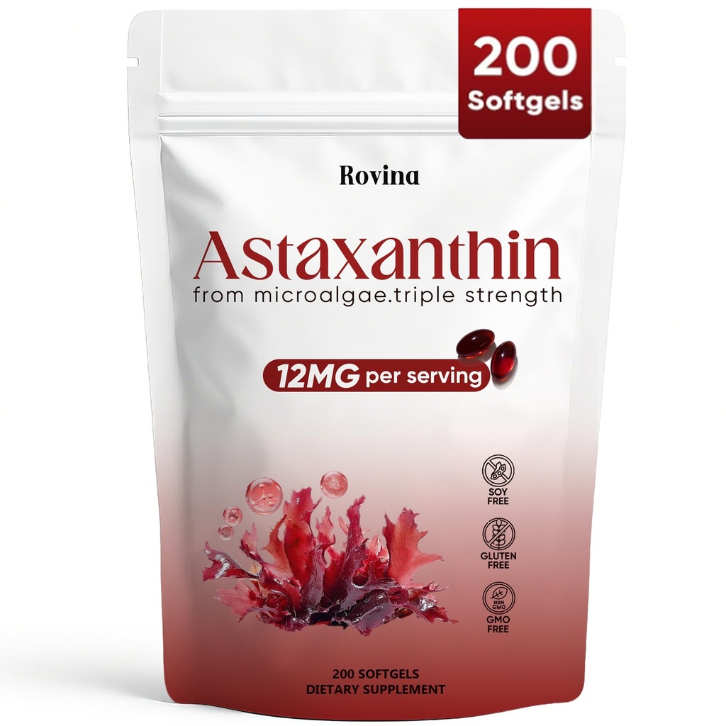 Rovina Astaxanthin 12mg, Astaxanthin Antioxidant Suplimente pentru Imun, Ochi, Suporturi cutanate, Non-GMO & Gluten Free - 200 Softgels