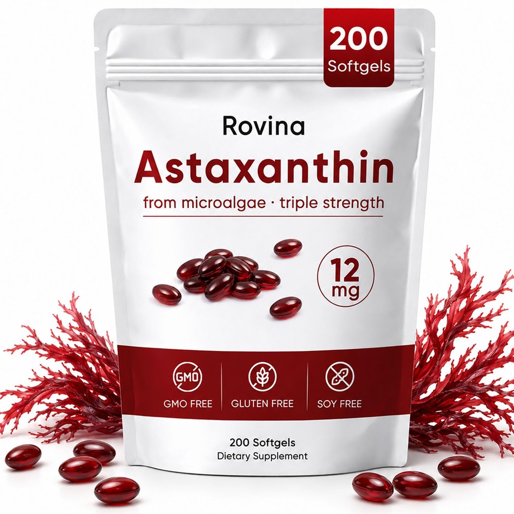 ROVINA Astaxanthin 12mg Softgels, Antioxidant Supplement Supplement Supports Eye, Skin, Imun, Comun, Intern Circulation, Non-GMO & Gluten Free - 200 Softgels