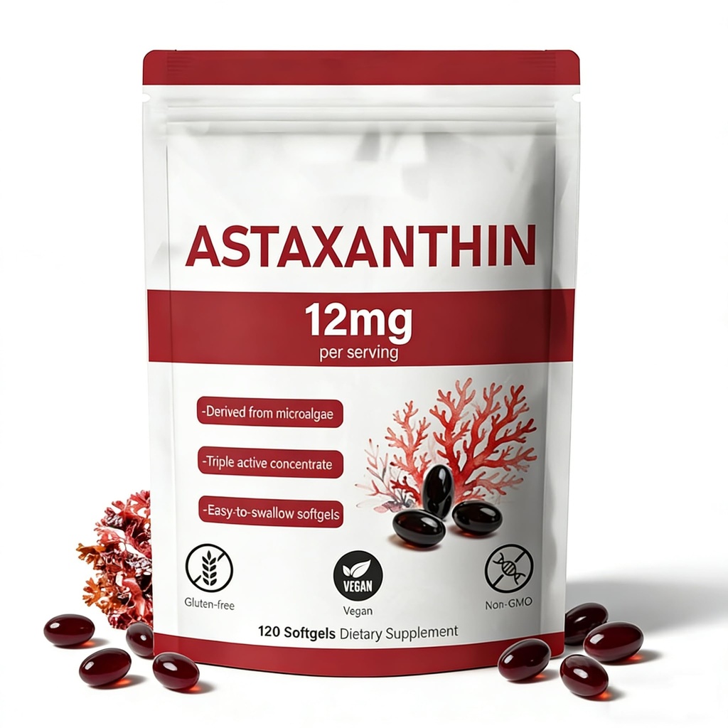 Premium Astexanthin 12mg, Natural Antioxidant Supliment, Fresh Microalgae Source, Non-GMO & No Gluten,12mg -120 Softgels,4-Month Supply