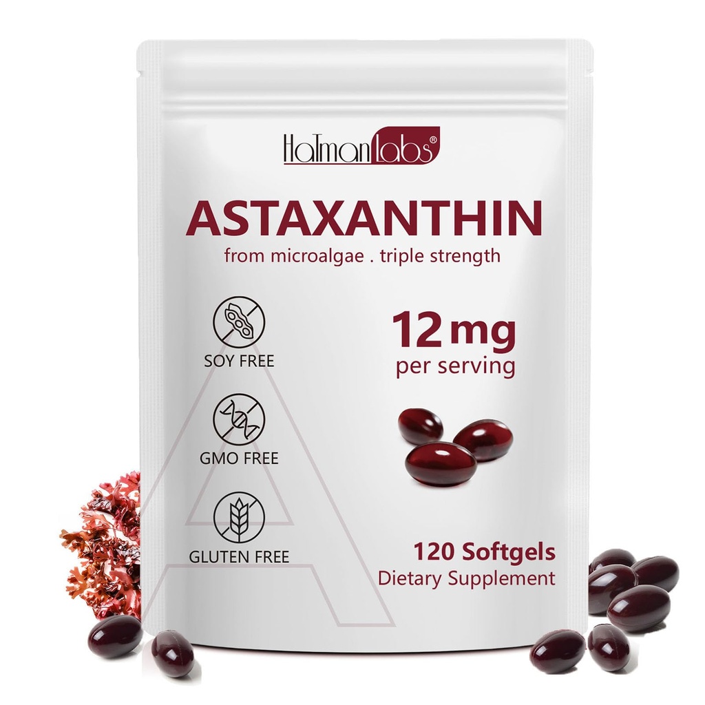 Daiasns Astaxanthin 12mg, Astaxantin Suplimente Antioxidante Suportă ochi, comun, circulaţie internă şi sănătatea pielii - non-GMO,120 Softgels - 4 luni de aprovizionare