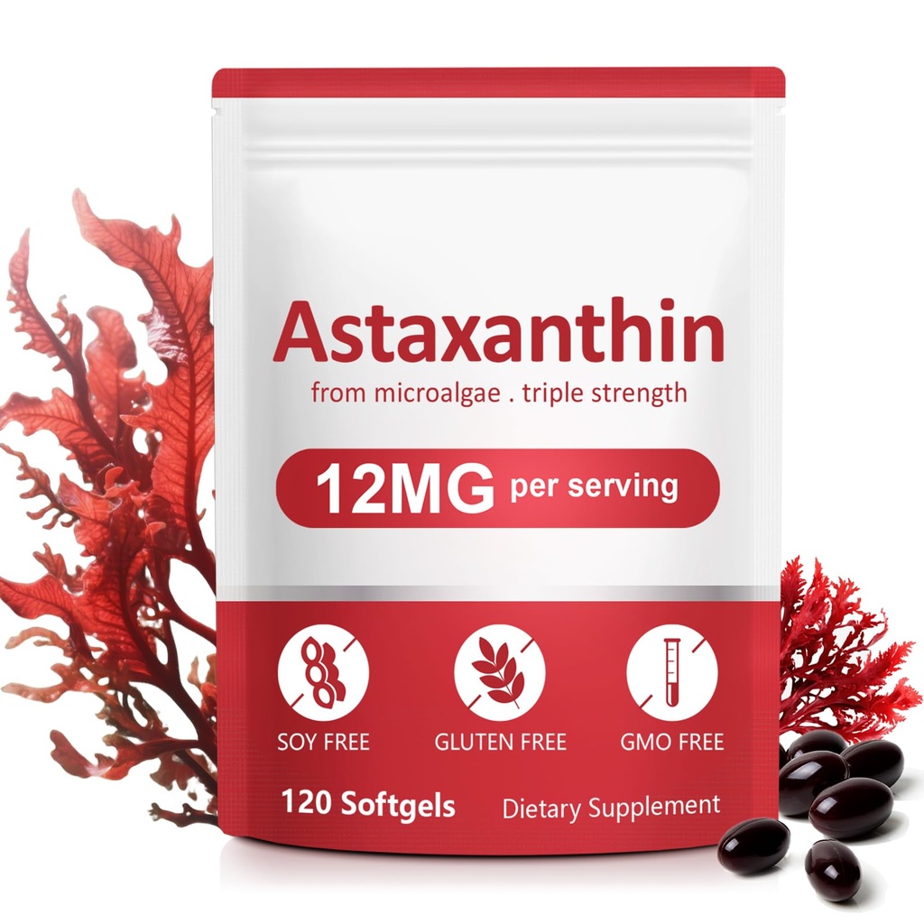 Astaxanthin Suplimente,12mg Astaxanthin Formula naturală anti-îmbătrânire - Suporturi ochi, comun, Circulație internă și sănătatea pielii, non-GMO non-Gluten