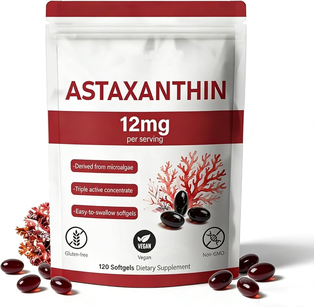Astaxanthin 12mg, 120 Softgels, Natural Microalgae Source, non-GMO Gluten-Free,4 luni de aprovizionare