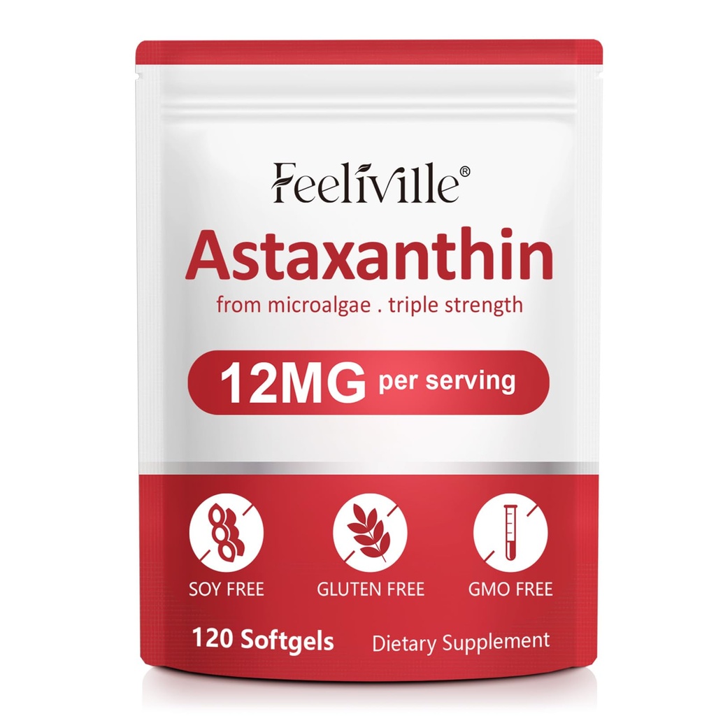 Premium Astaxanthin Suplimente 12mg 120 Softgels, Astaxanthin Antioxidant Supliment pentru ochi, piele, comun, creier, Microalgae proaspete Sursa pentru inima si sistemul imunitar Sănătate
