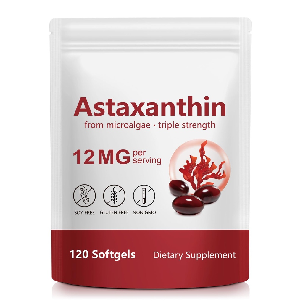 Astaxanthin Supliment 12mg de la Microalge, 120 Softgels, suport antioxidant, Daily Wellness Formula, 4 Luna de aprovizionare