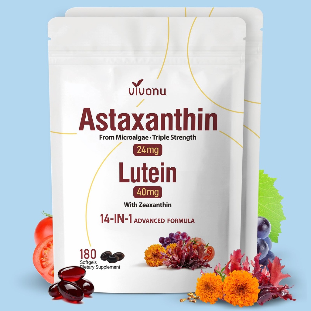 VivoNu 14-in-1 Astaxanthin 24mg & Lutein 40mg cu Suplimente Zeaxantină, 12 Luna de aprovizionare, 360 Softgels, 2 Bag