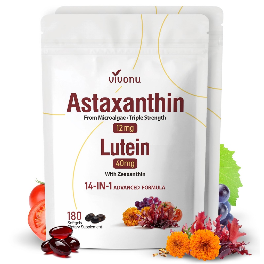 14-in-1 Astaxantină 12mg & lutein 40mg cu suplimente Zeaxantină, 12 luni de aprovizionare, Proaspete Microalgae Sursa, Suporturi ochi, Piele, Antioxidant, comun, Circulatory Health, Non-GMO, Gluten gratuit, 2 sac